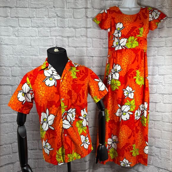 Vtg Momis Fashion Hawaiian Wedding Honeymoon Set Small Mens Shirt Matching Dress - Picture 2 of 16